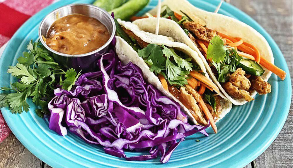Plant Based Banh Mi Style Tacos with Smoky BBQ Peanut Sauce
