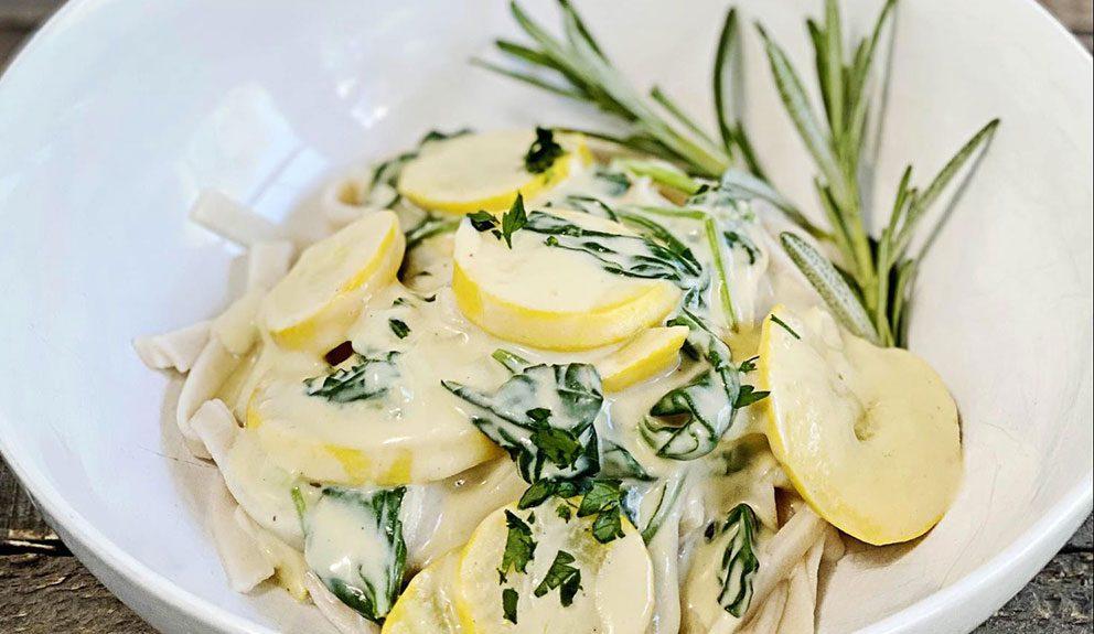 Plant Based Fettuccine with Lemon, Spinach and Yellow Squash
