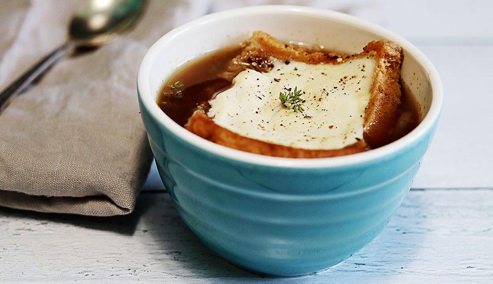 Plant Based French Onion Soup with Smoked Gouda Cheese Toasts