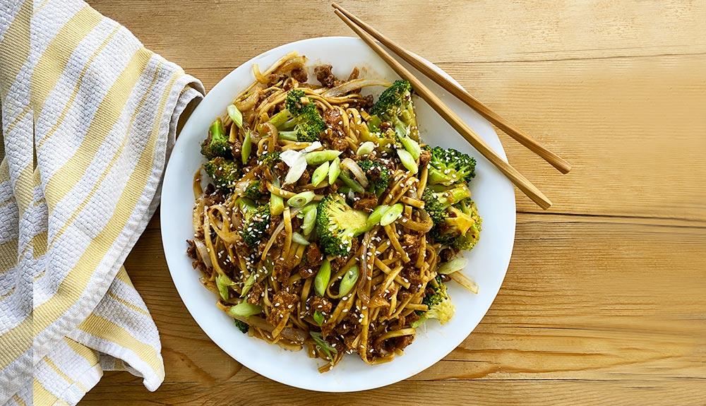 Plant Based Vegan Beef and Broccoli Udon Noodles