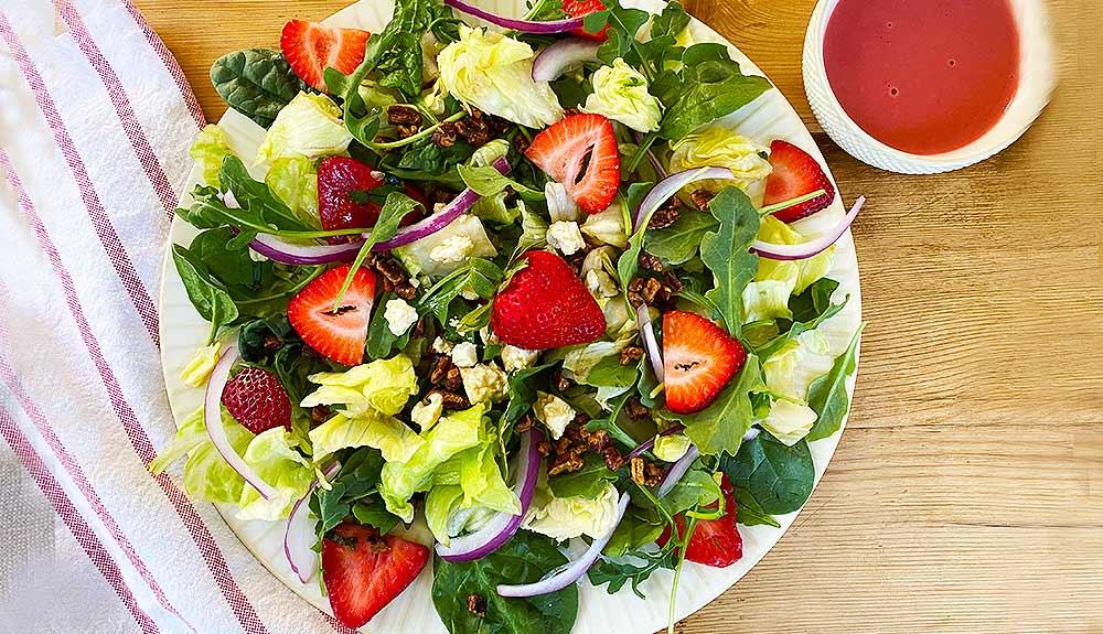 Plant Based Vegan Strawberry Super Greens Salad with Strawberry Vinaigrette Dressing