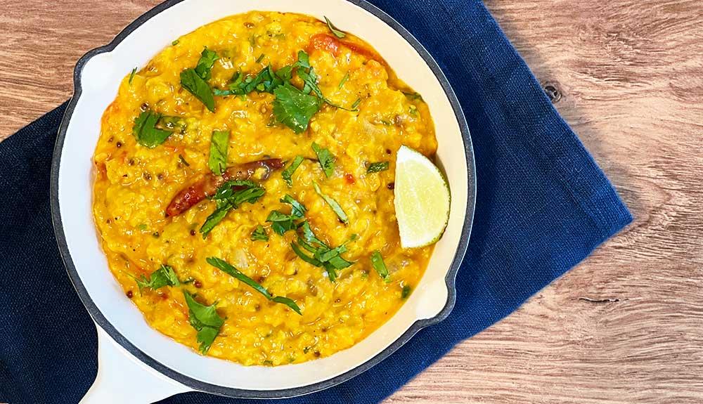 Plant Based Vegan Mung Dal with Tomatoes, Cilantro and Coconut
