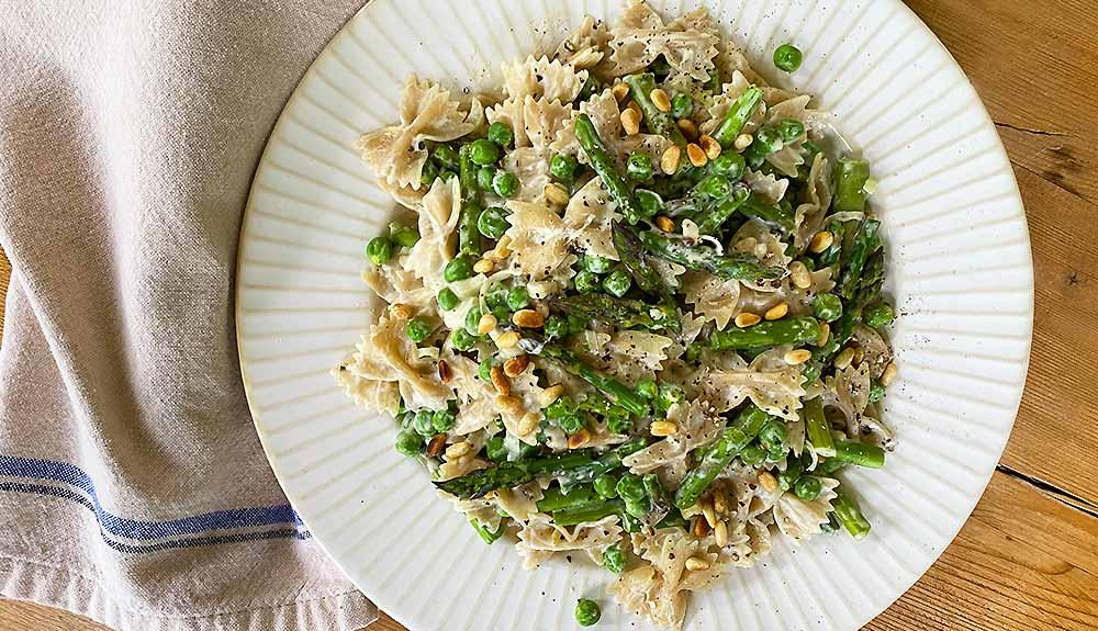 Plant Based Vegan Spring Farfalle with Asparagus and Peas