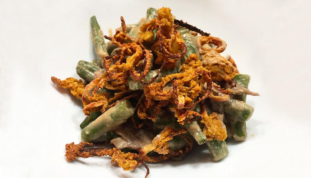 Plant Based Green Bean Casserole with Crispy Onion Strings