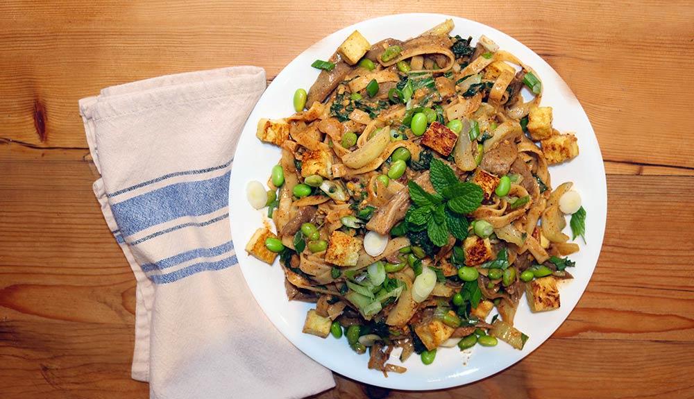 Plant Based Spicy Almond Butter Noodles with Bok Choy and Mushrooms