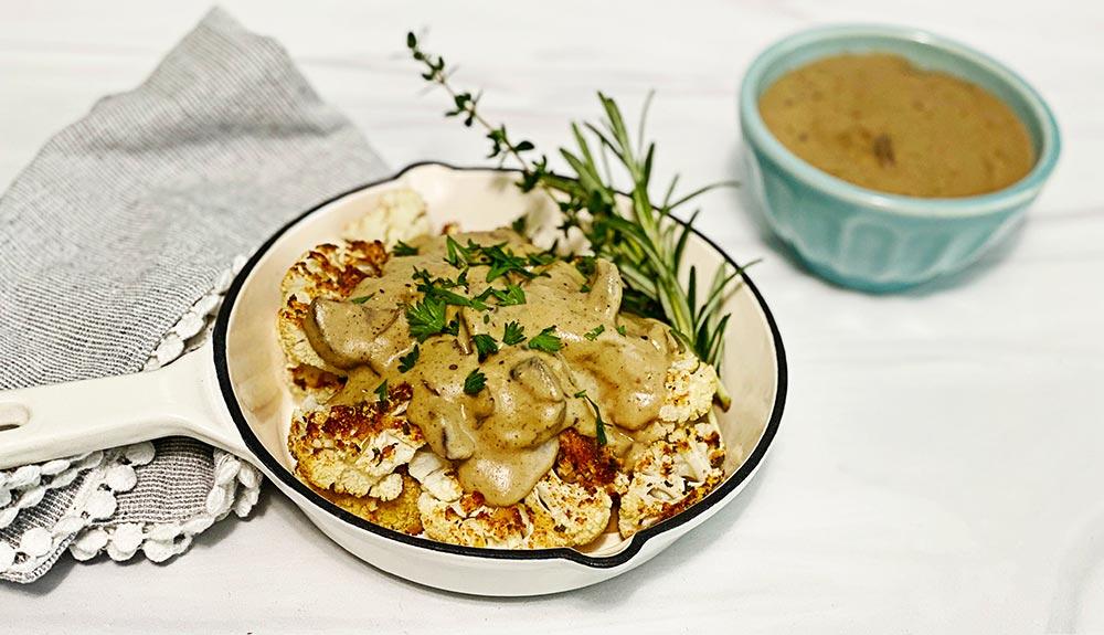 Plant Based Roasted Cauliflower Steaks with Mashed Potatoes and Mushroom Gravy